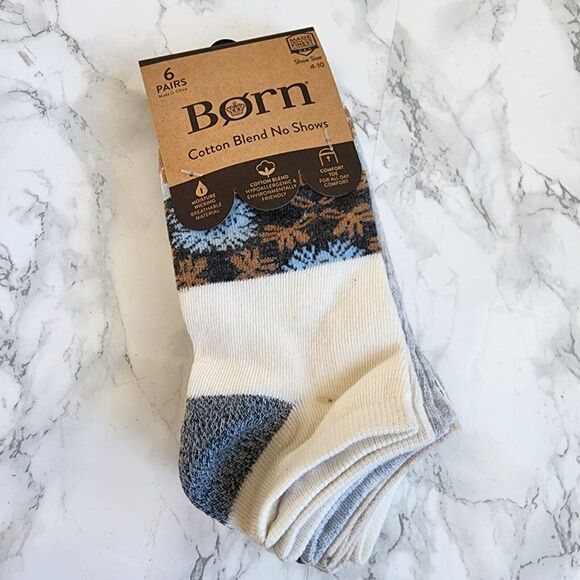Born 6 Pair Cotton Blend No Show Socks Multiple Pattern Light Blue Gray Cream - Picture 2 of 4